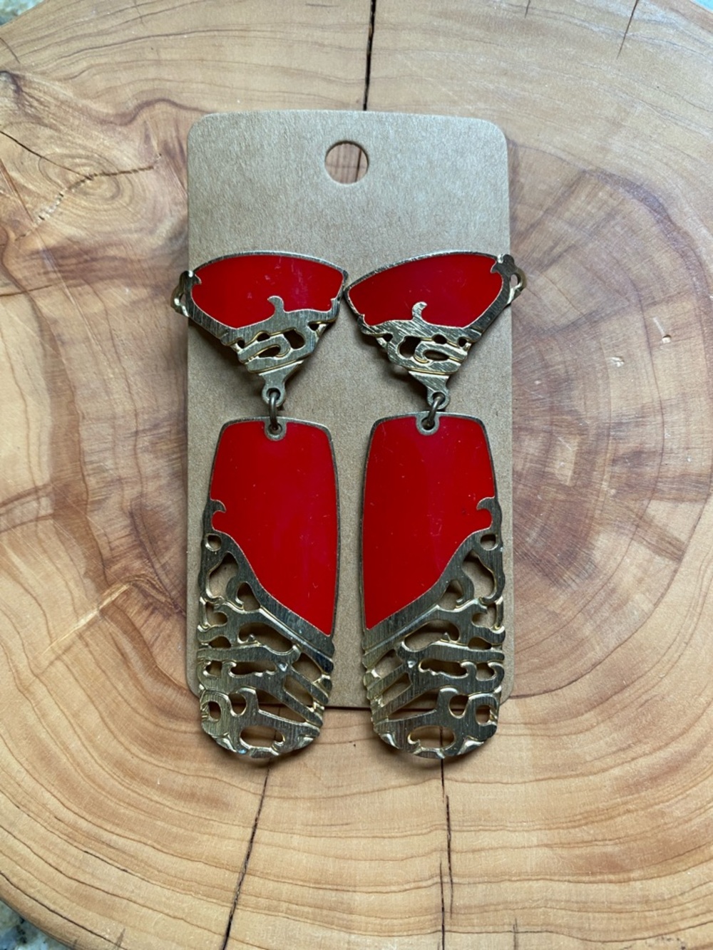 Berebi designer vintage earrings in red enamel and gold tone. Lightweight. 3”